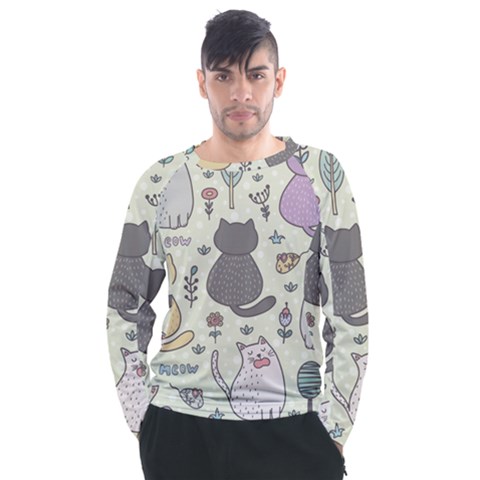 Funny Cartoon Cats Seamless Pattern  Men s Long Sleeve Raglan Tee by Vaneshart