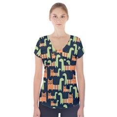 Seamless Pattern With Cats Short Sleeve Front Detail Top