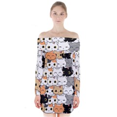 Cute Cat Kitten Cartoon Doodle Seamless Pattern Long Sleeve Off Shoulder Dress