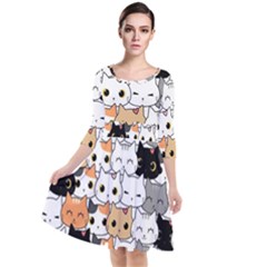 Cute Cat Kitten Cartoon Doodle Seamless Pattern Quarter Sleeve Waist Band Dress by Vaneshart