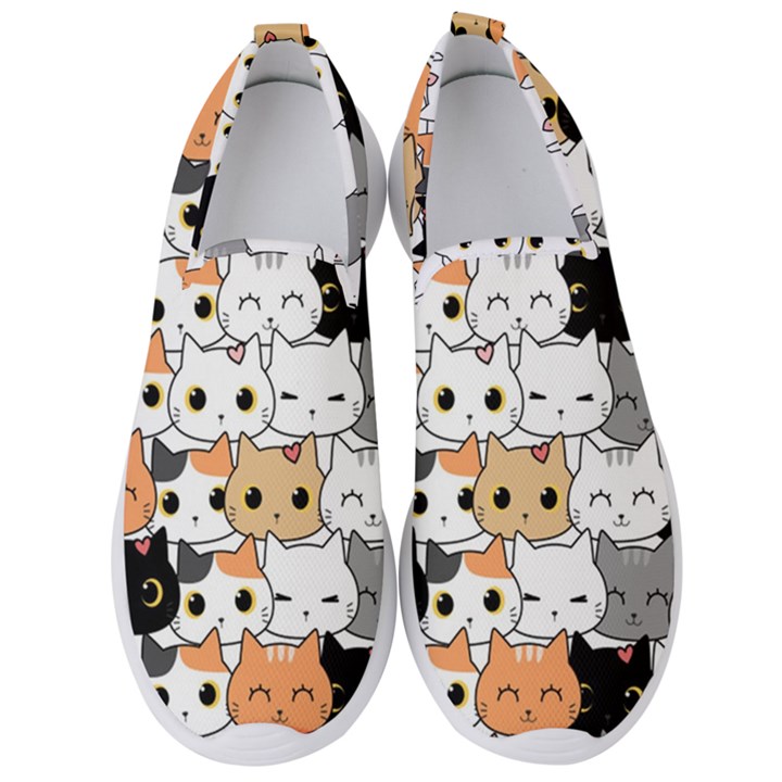 Cute Cat Kitten Cartoon Doodle Seamless Pattern Men s Slip On Sneakers