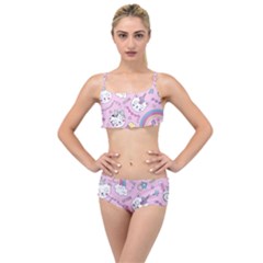 Beautiful Cute Animals Pattern Pink Layered Top Bikini Set by Vaneshart