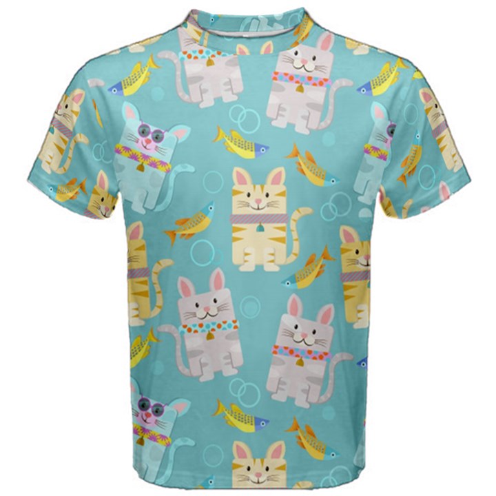 Vector Seamless Pattern With Colorful Cats Fish Men s Cotton Tee
