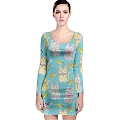 Vector Seamless Pattern With Colorful Cats Fish Long Sleeve Bodycon Dress