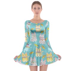 Vector Seamless Pattern With Colorful Cats Fish Long Sleeve Skater Dress