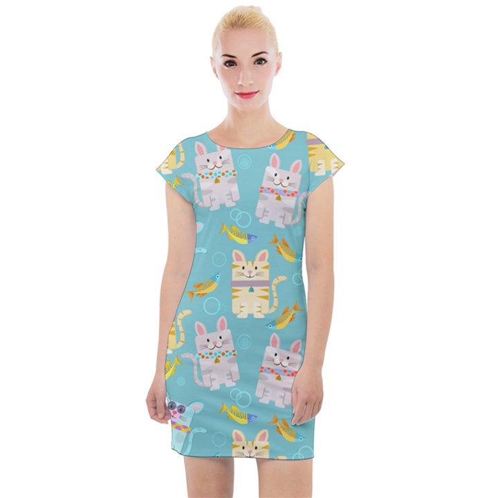 Vector Seamless Pattern With Colorful Cats Fish Cap Sleeve Bodycon Dress