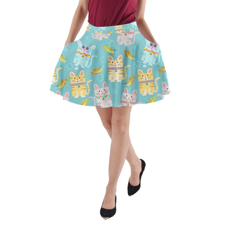 Vector Seamless Pattern With Colorful Cats Fish A-Line Pocket Skirt