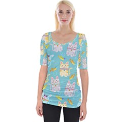 Vector Seamless Pattern With Colorful Cats Fish Wide Neckline Tee