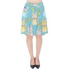 Vector Seamless Pattern With Colorful Cats Fish Velvet High Waist Skirt