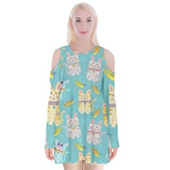 Vector Seamless Pattern With Colorful Cats Fish Velvet Long Sleeve Shoulder Cutout Dress