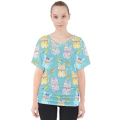 Vector Seamless Pattern With Colorful Cats Fish V-Neck Dolman Drape Top