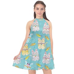 Vector Seamless Pattern With Colorful Cats Fish Halter Neckline Chiffon Dress 