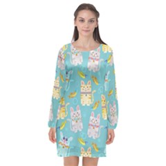 Vector Seamless Pattern With Colorful Cats Fish Long Sleeve Chiffon Shift Dress 