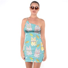 Vector Seamless Pattern With Colorful Cats Fish One Soulder Bodycon Dress