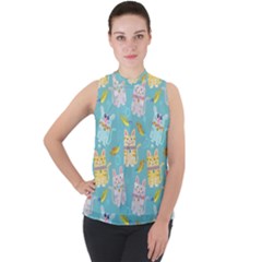 Vector Seamless Pattern With Colorful Cats Fish Mock Neck Chiffon Sleeveless Top