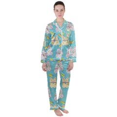 Vector Seamless Pattern With Colorful Cats Fish Satin Long Sleeve Pyjamas Set