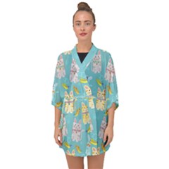 Vector Seamless Pattern With Colorful Cats Fish Half Sleeve Chiffon Kimono