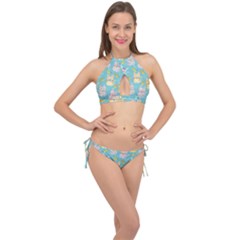 Vector Seamless Pattern With Colorful Cats Fish Cross Front Halter Bikini Set