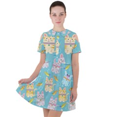 Vector Seamless Pattern With Colorful Cats Fish Short Sleeve Shoulder Cut Out Dress 