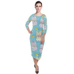 Vector Seamless Pattern With Colorful Cats Fish Quarter Sleeve Midi Velour Bodycon Dress