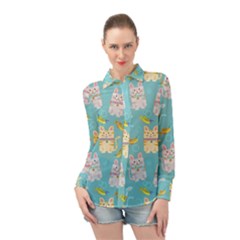 Vector Seamless Pattern With Colorful Cats Fish Long Sleeve Chiffon Shirt