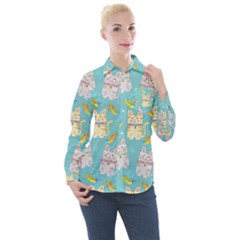 Vector Seamless Pattern With Colorful Cats Fish Women s Long Sleeve Pocket Shirt