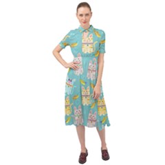 Vector Seamless Pattern With Colorful Cats Fish Keyhole Neckline Chiffon Dress