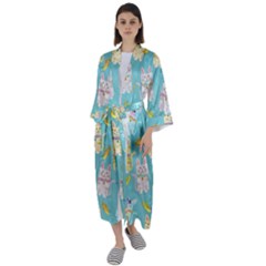 Vector Seamless Pattern With Colorful Cats Fish Maxi Satin Kimono