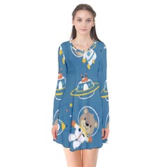 Seamless Pattern Funny Astronaut Outer Space Transportation Long Sleeve V-neck Flare Dress