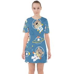 Seamless Pattern Funny Astronaut Outer Space Transportation Sixties Short Sleeve Mini Dress by Vaneshart
