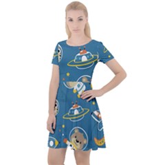 Seamless Pattern Funny Astronaut Outer Space Transportation Cap Sleeve Velour Dress  by Vaneshart