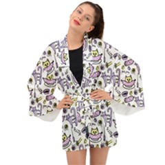 Hand Drawn Cute Cat Pattern Long Sleeve Kimono