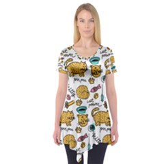 Hand Drawn Kitten Pattern With Elements Short Sleeve Tunic 