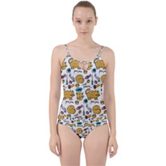 Hand Drawn Kitten Pattern With Elements Cut Out Top Tankini Set