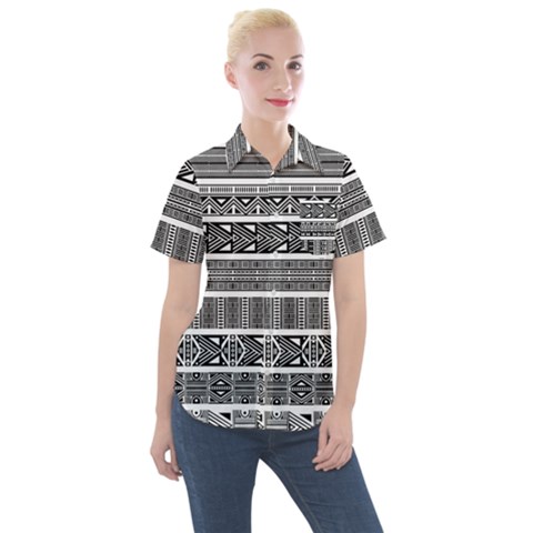 Borders Ikat Ethnic Frame Tribal Women s Short Sleeve Pocket Shirt by Wegoenart