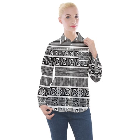 Borders Ikat Ethnic Frame Tribal Women s Long Sleeve Pocket Shirt by Wegoenart