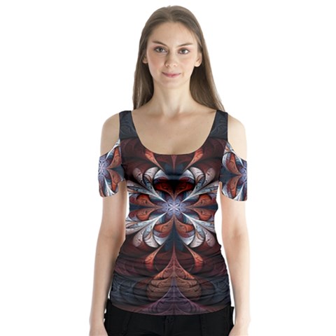 Fractal Flower Fantasy Floral Butterfly Sleeve Cutout Tee  by Wegoenart