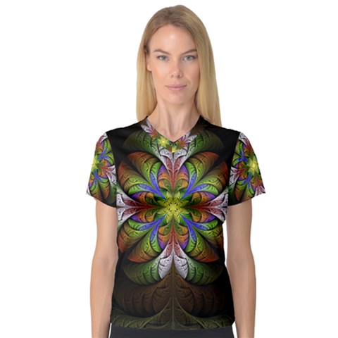 Fractal Flower Fantasy Pattern V-neck Sport Mesh Tee by Wegoenart