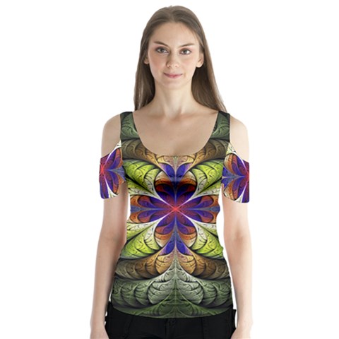 Fractal Flower Fantasy Design Butterfly Sleeve Cutout Tee  by Wegoenart