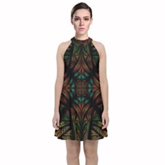 Fractal Fantasy Design Texture Velvet Halter Neckline Dress 