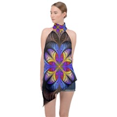 Fractal Flower Fantasy Floral Halter Asymmetric Satin Top by Wegoenart