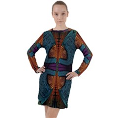 Art Abstract Fractal Pattern Long Sleeve Hoodie Dress by Wegoenart