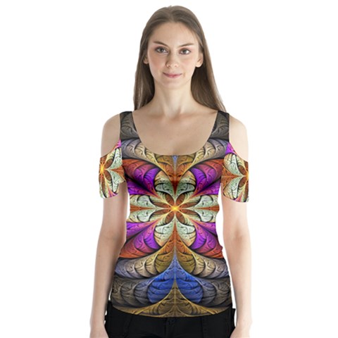 Fractal Flower Fantasy Pattern Butterfly Sleeve Cutout Tee  by Wegoenart