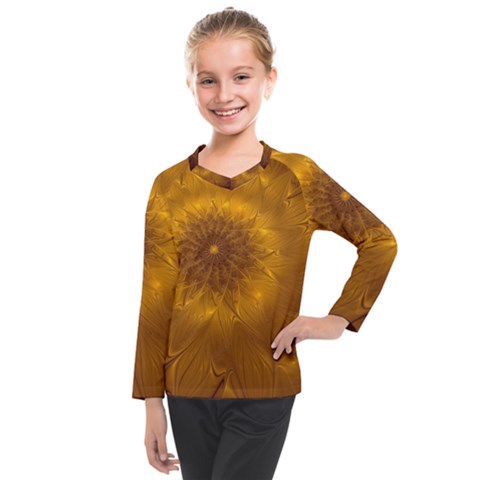 Fractal Flower Floral Gold Pattern Kids  Long Mesh Tee by Wegoenart