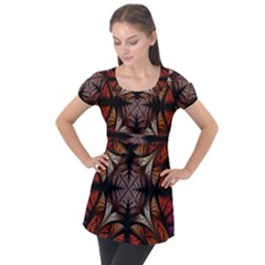 Ornament Decorative Floral Design Puff Sleeve Tunic Top