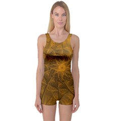 Fractal Flower Floral Gold Pattern One Piece Boyleg Swimsuit by Wegoenart