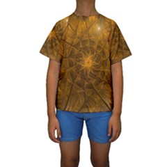 Fractal Flower Floral Gold Pattern Kids  Short Sleeve Swimwear by Wegoenart