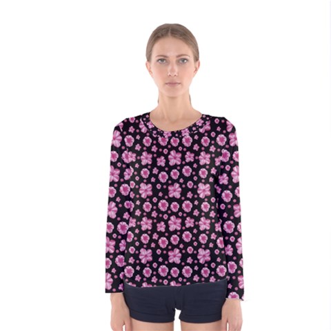 Pink And Black Floral Collage Print Women s Long Sleeve Tee by dflcprintsclothing