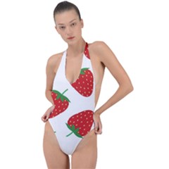 Seamless Pattern Fresh Strawberry Backless Halter One Piece Swimsuit by Wegoenart