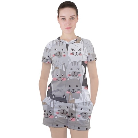 Cute Cats Seamless Pattern Women s Tee And Shorts Set by Wegoenart